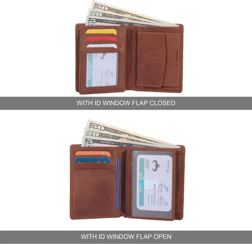 Vista 5 de AlphaHide - Cartera con bloqueo RFID para hombre diseño vertical de doble cara bolsillo para monedas 2 ventanas de identificación