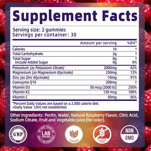 Vista 3 de Gomitas de citrato de potasio de 2000 mg, gomitas de electrolitos de alta potencia, 60 masticables
