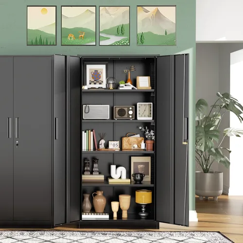 Vista 7 de Greenvelly Armario de almacenamiento de metal de 72 pulgadas de alto con 2 puertas y 4 estantes ajustables, gabinete de metal negro con cerradura