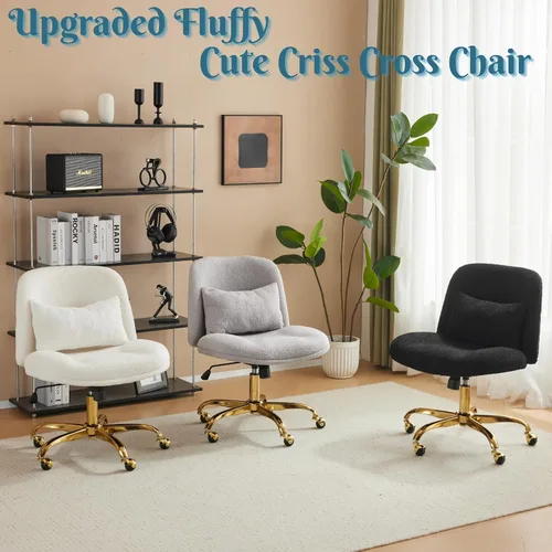 Vista 4 de VINGLI Silla de Oficina Ancha con Patas Cruzadas, Silla de Escritorio Ergonómica Buttprint Cómoda con Almohada y Base Dorada, Doble Uso con/sin