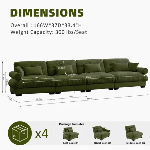 Vista 57 de Sofá Seccional Modular Extragrande de 93.7 pulgadas, Sofá de Dos Plazas Cloud Couch con Almohadas y Cojín Extra Grueso para Sala de Estar, Cine