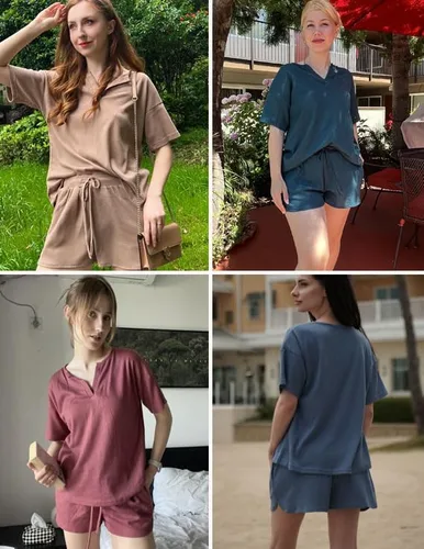 Vista 4 de Ekouaer Conjunto de pijama de punto gofre para mujer, conjunto de 2 piezas, camiseta de manga corta y pantalones cortos, conjuntos de pijama