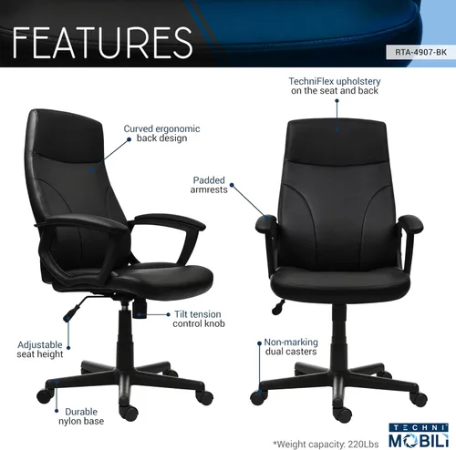 Vista 4 de Techni Mobili - Silla de oficina de piel sintética, altura ajustable, color negro PU leather executive chair, padded armrests, height adjustable