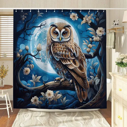 Vista 3 de Cortina de ducha con diseño de búho, luna llena, vida silvestre, azul marino, fantasía, flores estrelladas, bosque brumoso, escena de animales, tela