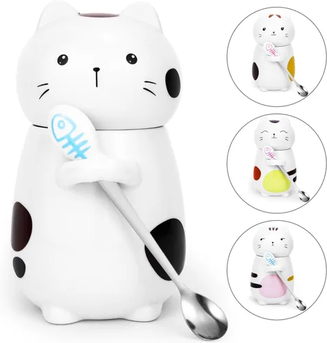 Vista 9 de Disoza Taza de Gato con Tapa Regalo de Gato Taza de Té de Cerámica con Cuchara Taza de Té de Café 400 ML Taza de Navidad Regalo de Cumpleaños