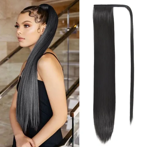 Vista 9 de Extensión de cola de caballo larga y recta, cola de caballo con clip, 32 pulgadas, resistente al calor, sintético, cola de caballo de pelo castaño