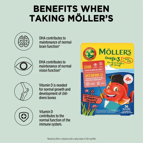 Vista 2 de MÖLLER'S Omega 3 cápsulas, aceite de pescado natural Omega3 para niños con DHA y EPA, sin gluten, lactosa o azúcar añadido y fácil de masticar