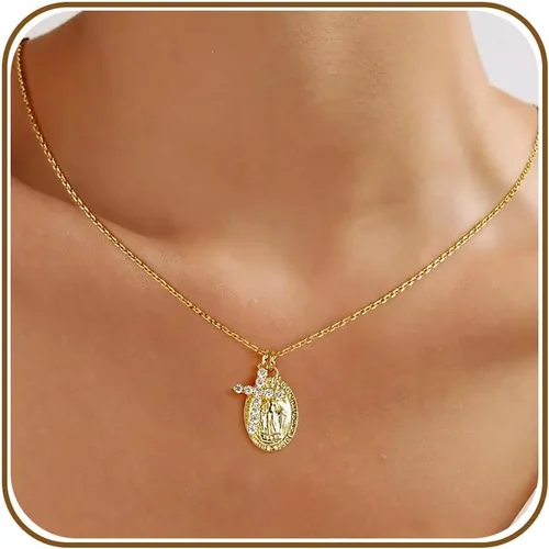 Vista 9 de Collares de cruz de oro AllenCOCO para mujer, collares con crucifijo, delicado collar de la Virgen María, Virgen de Guadalupe, cadena de colgantes