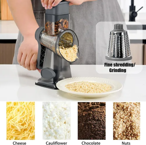 Vista 4 de Rallador giratorio de queso con asa, rebanador de verduras de mandolina manual, triturador de zanahorias, molinillo de nueces con 3 cuchillas