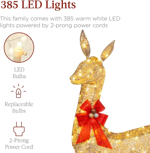 Vista 3 de Best Choice Products Juego familiar de ciervos de Navidad grandes iluminados de 6.5 pies, 3 piezas, decoración de patio al aire libre con 385 luces