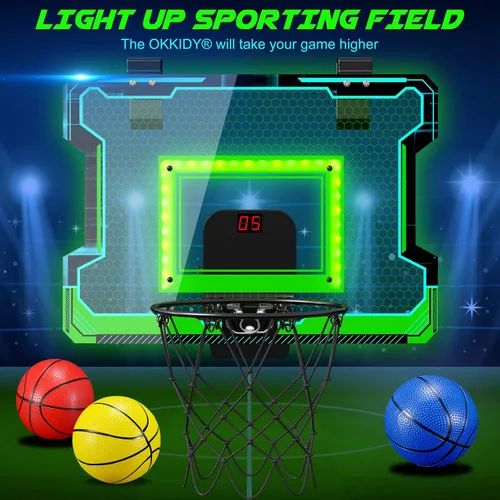 Vista 2 de OKKIDY Mini aro de baloncesto para interiores, aro de baloncesto iluminado con marcador LED electrónico, pequeños juguetes de baloncesto al aire