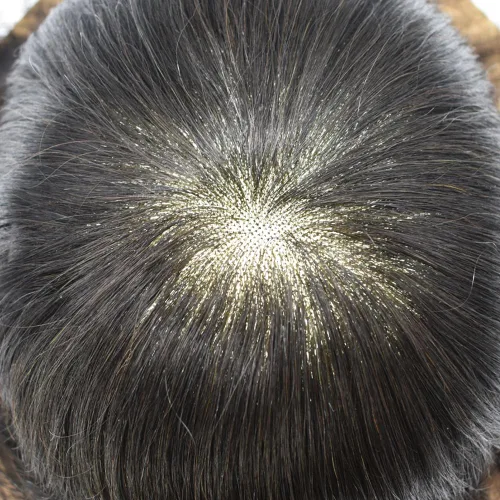 Vista 6 de Toupee - Pieza de pelo para hombre, con revestimiento de poliéster fino, pelo humano real, tupé, 100% atado a mano, sistema de reemplazo de cabello