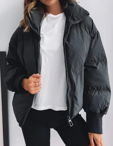 Vista 4 de Tanming Chaqueta acolchada casual para mujer, manga larga, cremallera completa, abrigo de invierno acolchado negro
