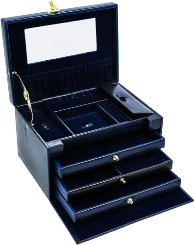 Vista 2 de Time Resistance Joyero de cuero Organizador de joyas de cuero de grano completo Caja de cerradura de llaves de almacenamiento azul marino