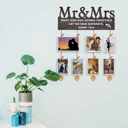 Vista 2 de Yudarte Mr & Mrs - Decoración de dormitorio para parejas, tablero de collage colgante de fotos de pared con clips y cordel, 13.5 x 5.5 pulgadas
