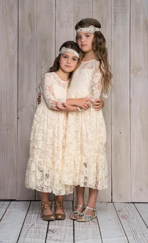 Vista 2 de Abaowedding Fancy Ivory White Lace Flower Girl Dress Boho Rustic First Communion Gowns