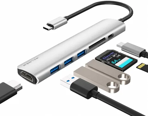 Vista 8 de WALNEW Hub USB C con HDMI 4k, entrega de energía de 100 W, lector SD/TF, puertos de datos USB 3.0, adaptador multipuerto USBC 7 en 1, base Gris