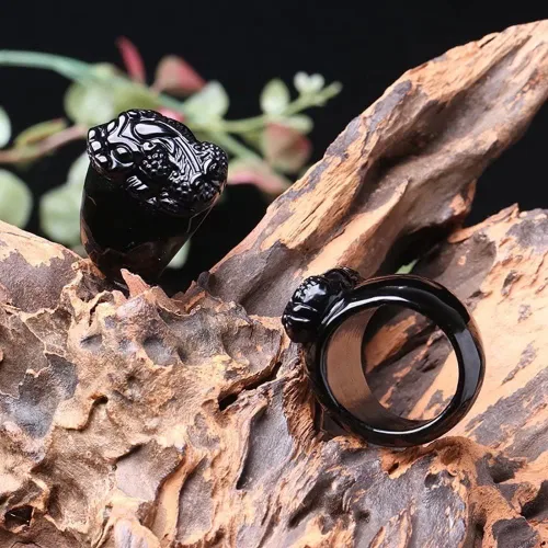 Vista 6 de Renning Feng Shui - Anillos de obsidiana negra para hombres y mujeres anillo de amuleto PiXiu de la suerte talla 9-12
