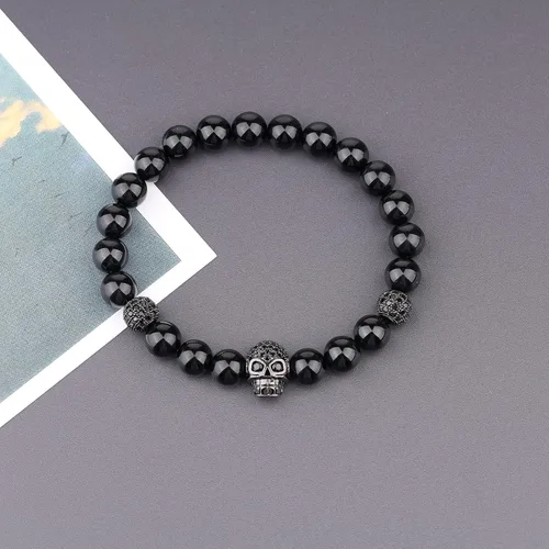 Vista 5 de COAI Pulsera de piedra de obsidiana brillante de plata con calavera