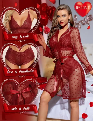 Vista 3 de RSLOVE Conjunto de lencería sexy para mujer, 3 piezas, bata de kimono de encaje con brasier y braga transparente para dormir