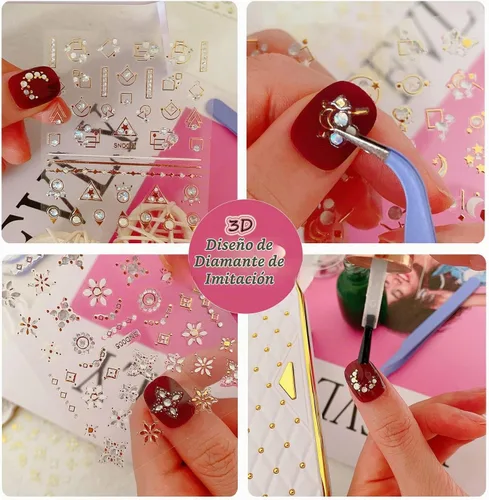 Vista 7 de 20 hojas de calcomanías de uñas 3D, diseño de oro/diamante, lujosas calcomanías de uñas autoadhesivas con relieve, calcomanías de uñas de flores