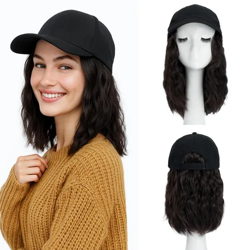 Vista 7 de SEGO - Peluca de gorra con pelo adjunto para mujer, gorra negra de béisbol con extensiones de pelo, gorra de béisbol larga y ondulada con ajuste