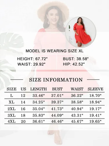 Vista 7 de SCOMCHIC Vestidos casuales de talla grande con cuello cuadrado para mujer, manga abombada, cintura alta, fruncido, acampanado, mini vestido corto