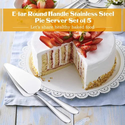 Vista 7 de E-far Servidor de pastel de 5 piezas, cortador de espátula de acero inoxidable para pasteles y queso pizza, borde dentado con mango ovalado, pulido