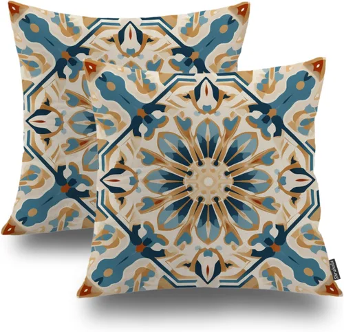 Vista 70 de Shrahala Juego de 2 fundas de almohada de mandala de color beige para exteriores, cuadradas, mandala, para interiores, de lino resistente al agua