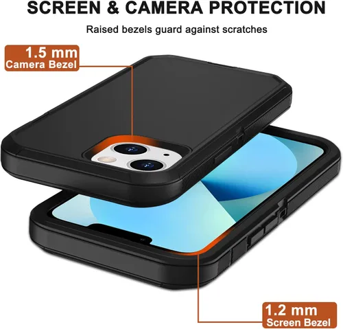 Vista 5 de Funda para iPhone 13 con funda de clip para cinturón, 2 protectores de pantalla, resistente grado militar, cuerpo completo, a prueba de golpes, a