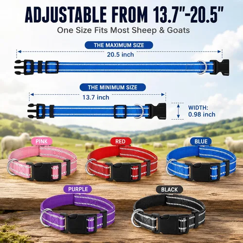 Vista 2 de Paquete de 5 collares reflectantes de cabra con campanas, collar para mascotas antipérdida Adjustable Nylon Collar & Sheep Grazing Copper Bells