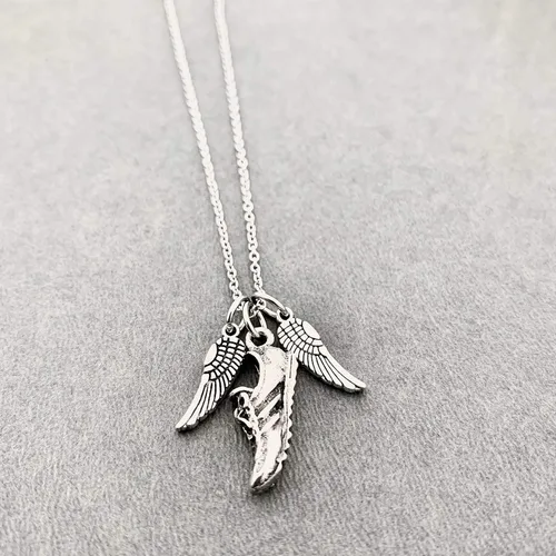 Vista 3 de I Run With Wings On The Soles Of My Shoes Necklace - Pewter Wings and Pewter Running Shoe Charm on 18 inch Stainless Steel Cable Chain