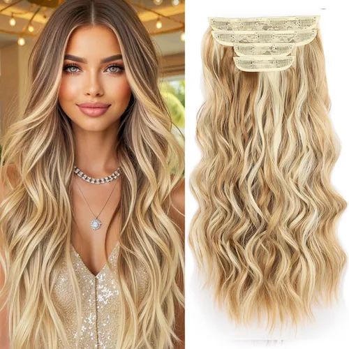 Vista 14 de Extensiones de cabello rubio con clip, de 22 pulgadas, extensiones de cabello largo y rizado con clip, 4 unidades, extensiones de cabello sintético