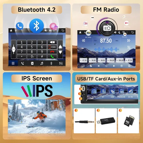 Vista 5 de Estéreo de coche doble DIN con pantalla táctil HD de 7 pulgadas, Carplay inalámbrico y Android Auto, Bluetooth, SWC, receptor de radio FM