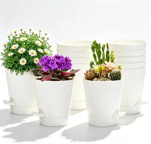 Vista 16 de Paquete de 12 macetas de riego automático de 4 pulgadas con drenaje y platillos, macetas de plástico para plantas de interior y exterior, macetas