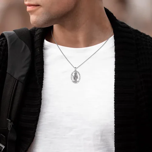 Vista 3 de Collar de plata de ley San Cristóbal Micheal Jude Taddaeus Virgen María para mujeres y hombres, colgante de medalla de amuleto, joyería de regalo