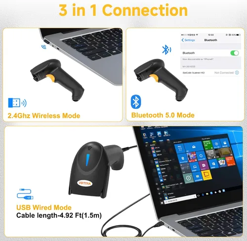 Vista 2 de VOTTAN Escáner de código de barras QR 2D, Bluetooth y 2.4G inalámbrico y USB con cable para conectar iPad teléfono, tableta, PC, POS, UPC EAN 1D