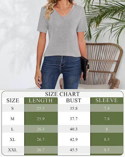 Vista 6 de Ficerd Paquete de 2 camisetas con cuello en V para mujer, manga corta o larga, camisetas básicas de verano casuales con dobladillo sólido