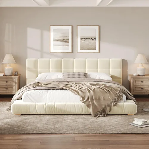 Vista 12 de Base de cama tapizada de terciopelo con cabecera capitoné de canal, cama de perfil bajo tamaño Queen con soporte de listones resistente, no necesita