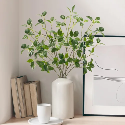 Vista 7 de Plantas artificiales vegetación, tallos de eucalipto, ramas para decoración del hogar, hojas de ficus rústicas sintéticas florales para mesa
