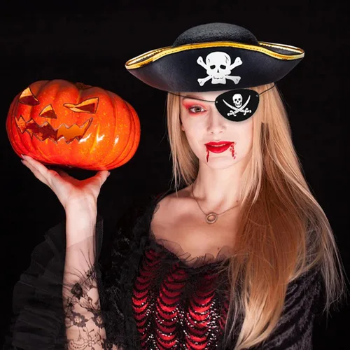Vista 3 de D-Fokes Paquete de 2 sombreros de pirata de fieltro para niños, sombrero de fiesta pirata de tres esquinas, disfraz de capitán pirata con estampado