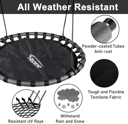 Vista 4 de Columpio de árbol de platillo negro de 43 pulgadas para niños, columpio redondo volador impermeable y resistente a todo tipo de clima, tapete