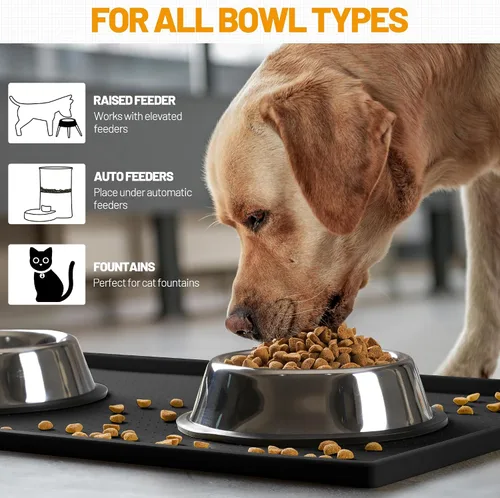 Vista 6 de Hubulk Tapete de alimentación para perros, 100% impermeable, de silicona de grado alimenticio, mantel individual para alimentos y agua para Negro