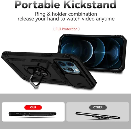 Vista 7 de Funda para iPhone 12 Pro Max con cubierta para lente de cámara, protector de pantalla HD, protección contra caídas de grado militar, soporte