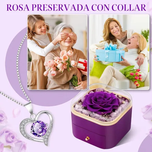 Vista 3 de Beferr Regalos de cumpleaños para mujeres, rosa real preservada con collar, rosas moradas eternas, flores para la entrega, aniversario, día de la A