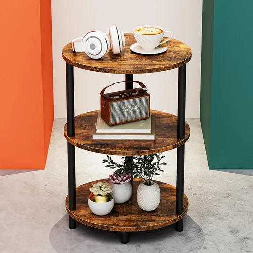 Vista 16 de Mesa auxiliar redonda pequeña, mesa decorativa ovalada de 3 niveles para espacios pequeños, mesita de noche de madera rústica y metal para sala