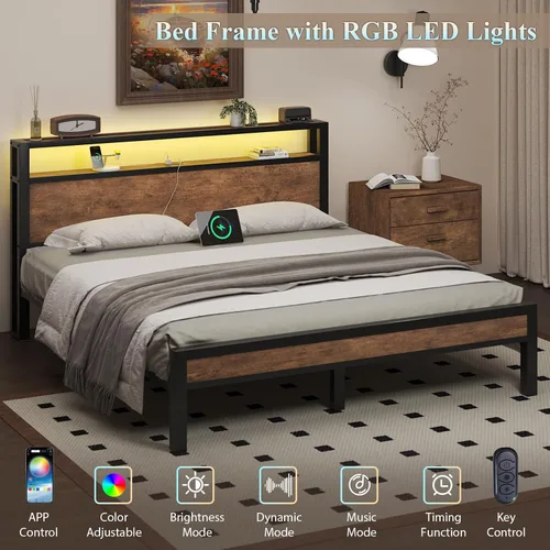 Vista 16 de LOEWAY Base de cama tamaño Queen con cabecero de almacenamiento y luces LED, color gris