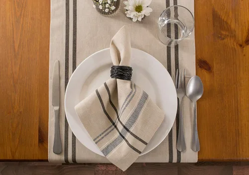 Vista 3 de DII Colección de Mesa de Comedor con Rayas Francesas Estilo Granja Camino de Mesa, 14x108 Pulgadas, Gris Pardo/Negro