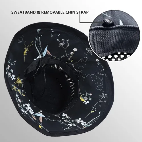 Vista 4 de Sombreros de malla de verano para mujeres con protección UV de ala ancha plegables para playa tipo bucket Negro