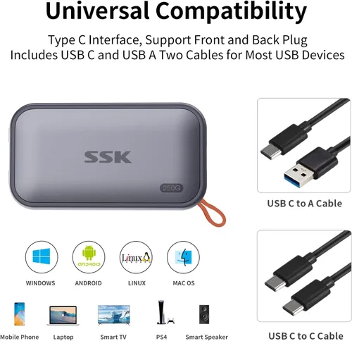 Vista 4 de SSK SSD externo de 250 GB, unidades de estado sólido externas SSD USB C de hasta 1050 MB/s, SSD portátil USB 3.2 Gen2 para iPhone 15/Pro, Windows